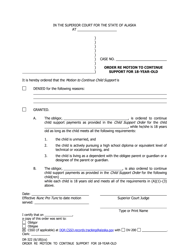 DR 322 Order Re Motion to Continue Support for 18 Year Old  Form