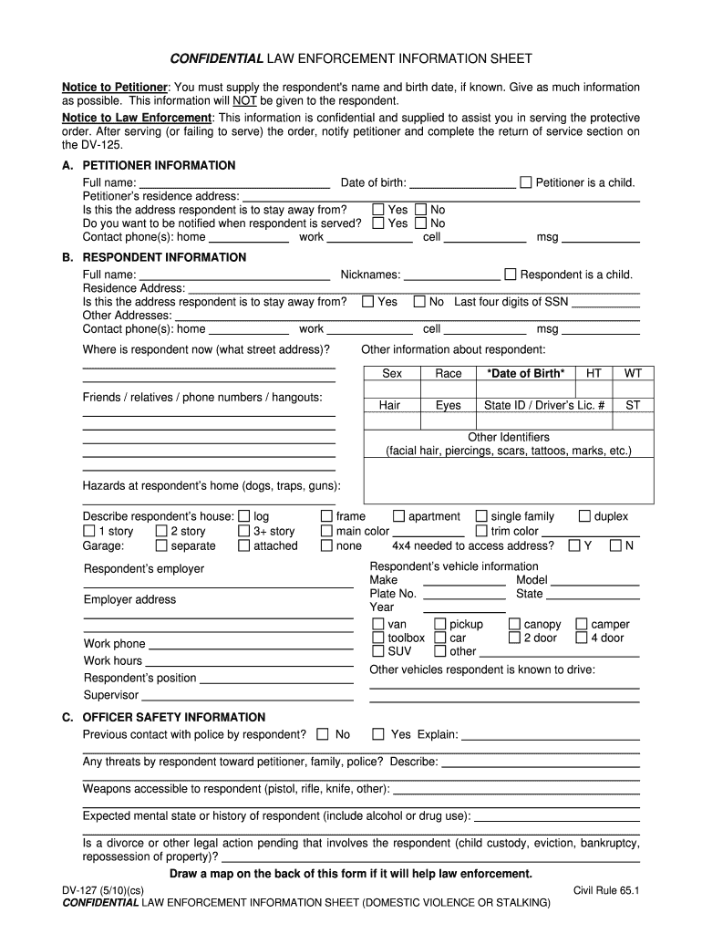DV 127 Confidential Law Enforcement Information Sheet 5 10 Edited Domestic Violence Forms