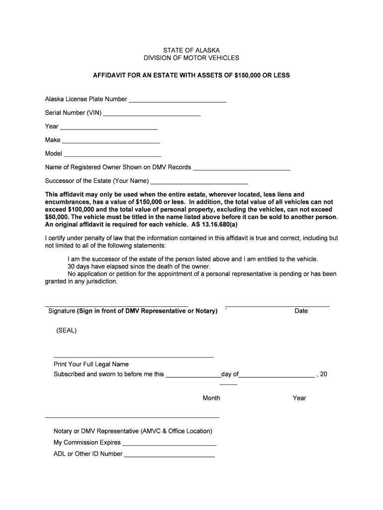 Affidavit for an Estate with Assets of $150000 or Less State of  Form