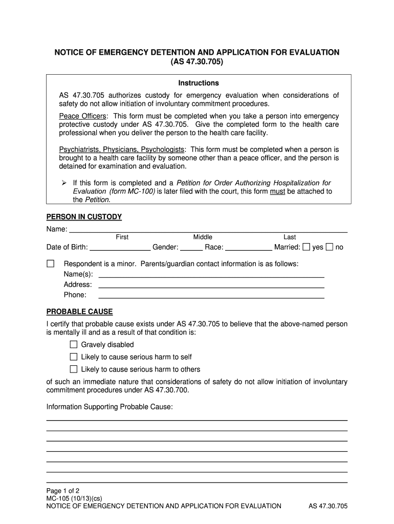 Fill and Sign the Form Mc 105 Notice of Emergency Detention and Application 