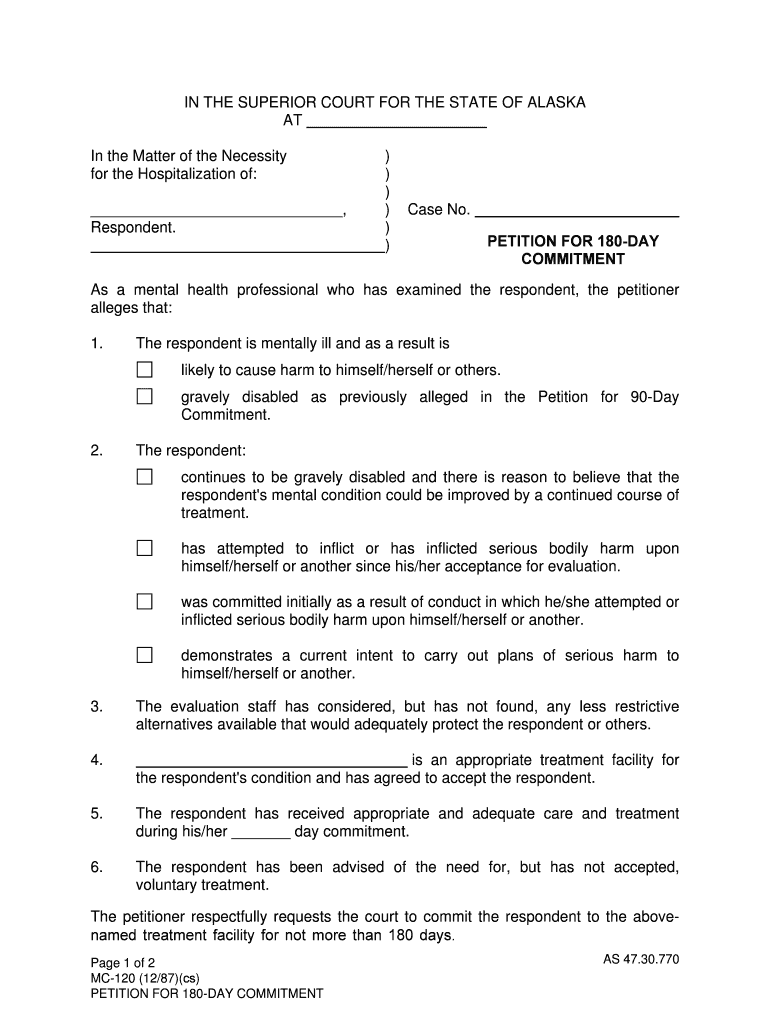 MC 120 Petition for 180 Day Commitment 12 87 Fill in Mental Commitment Forms