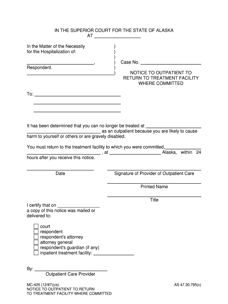 MC 425 Notice to Outpatient to Return to Treatment Facilit  Form