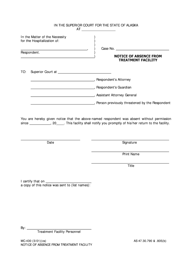 MC 430 Notice of Absence from Treatment Facility 3 01 Fill in Mental Commitment Forms