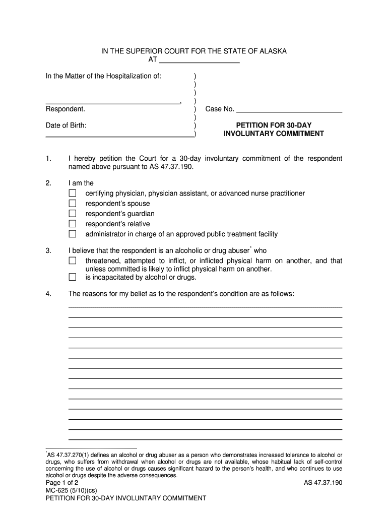 MC 625 Petition for 30 Day Involuntary Commitment 5 10 Mental Commitment  Form