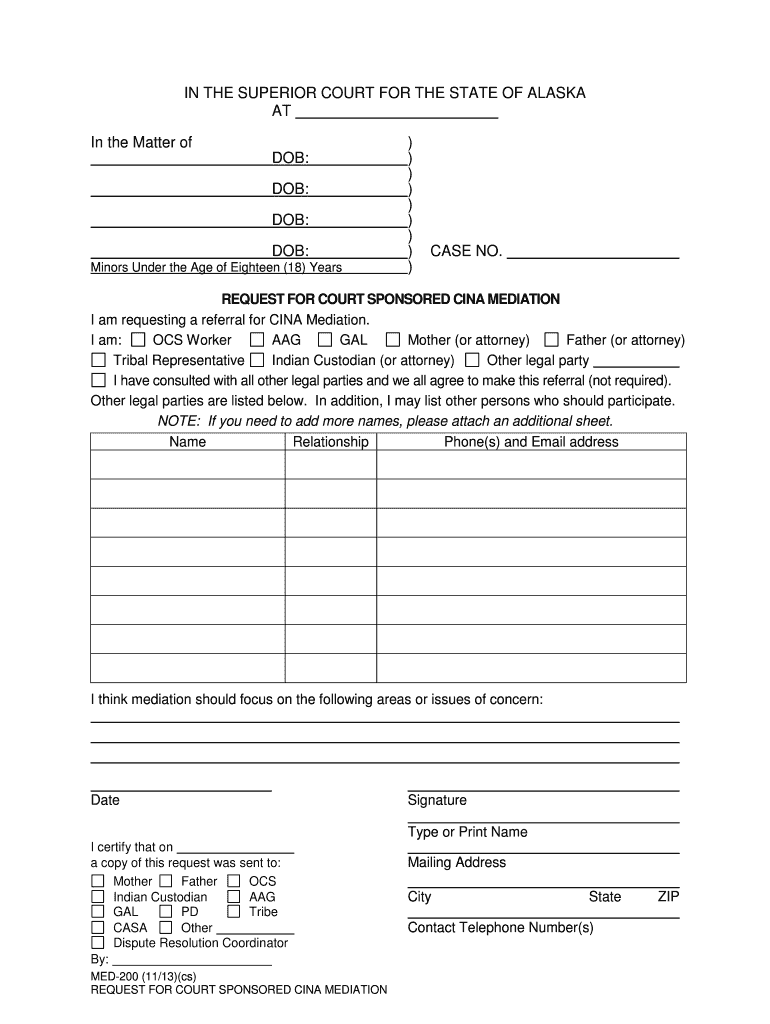 MED 200 Request for Court Sponsored CINA Mediation 1113 PDF Fill in Mediation Forms