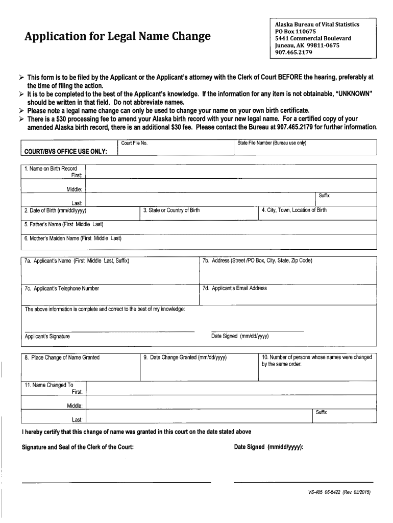 VS 405 Vital Stats Form 06 5422 Application for Legal Name Change 3 15 Vital Statistics