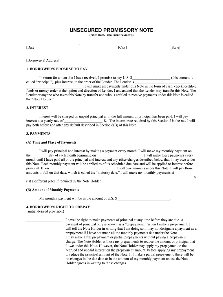 Unsecured Promissory Note Template WordPDFeForms