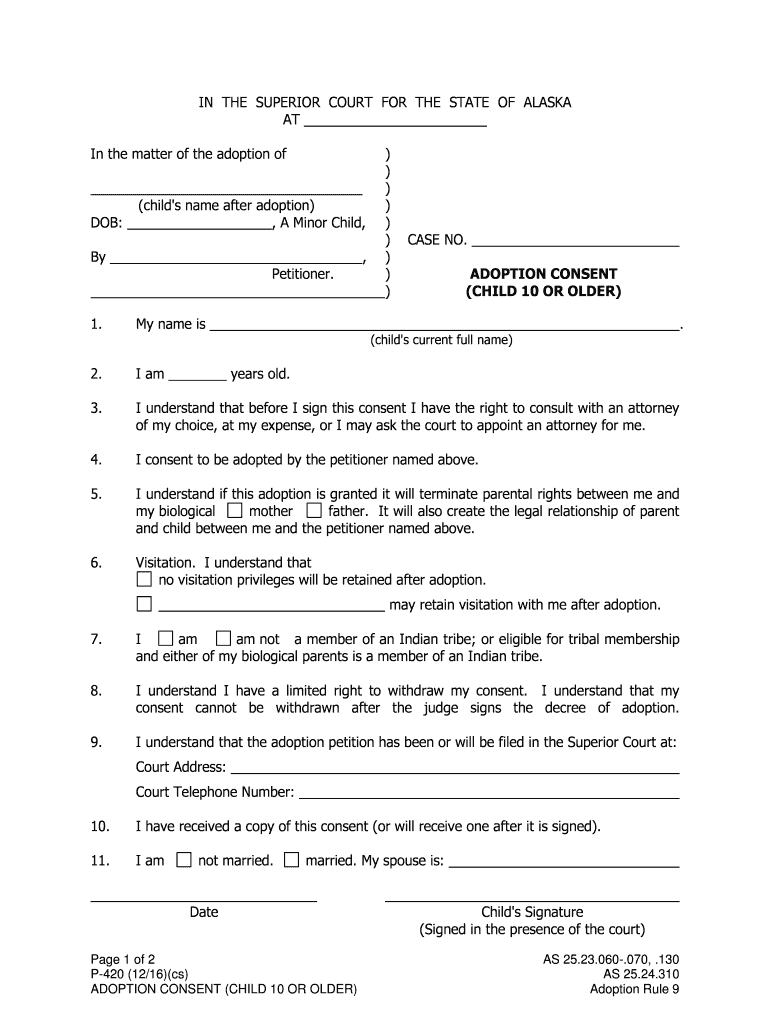 P 420 Adoption Consent Child 10 or Older Probate Adoption Forms