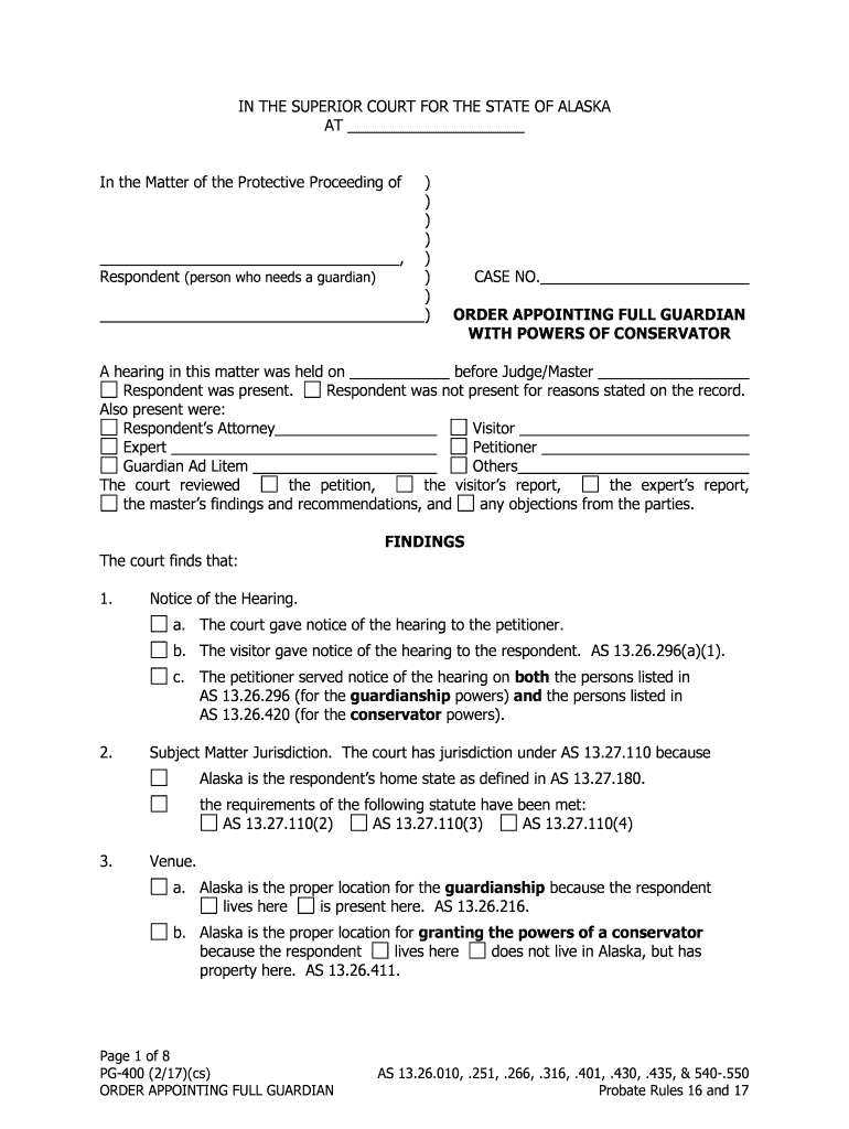 PG 400 Order Appointing Full Guardian with Powers of Conservator Probate and Guardianship  Form