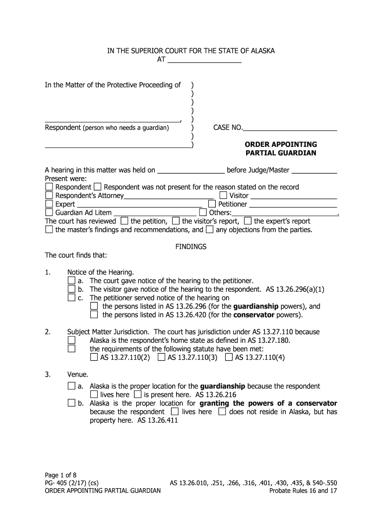 PG 405 Order Appointing Partial Guardian Probate and Guardianship  Form