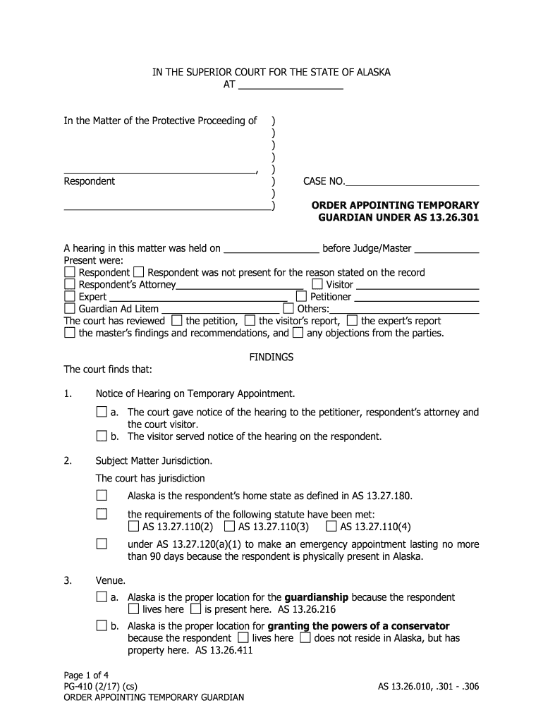 PG 410 Order Appointing Temporary Guardian Probate and Gruardianship  Form