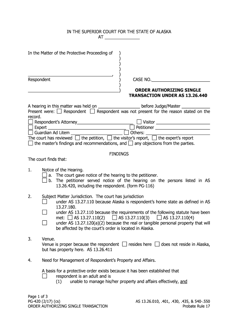 PG 420 Order Authorizing Single Transaction  Form