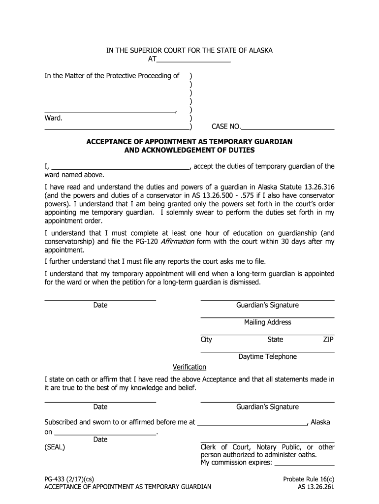 ACCEPTANCE of APPOINTMENT as TEMPORARY GUARDIAN  Form