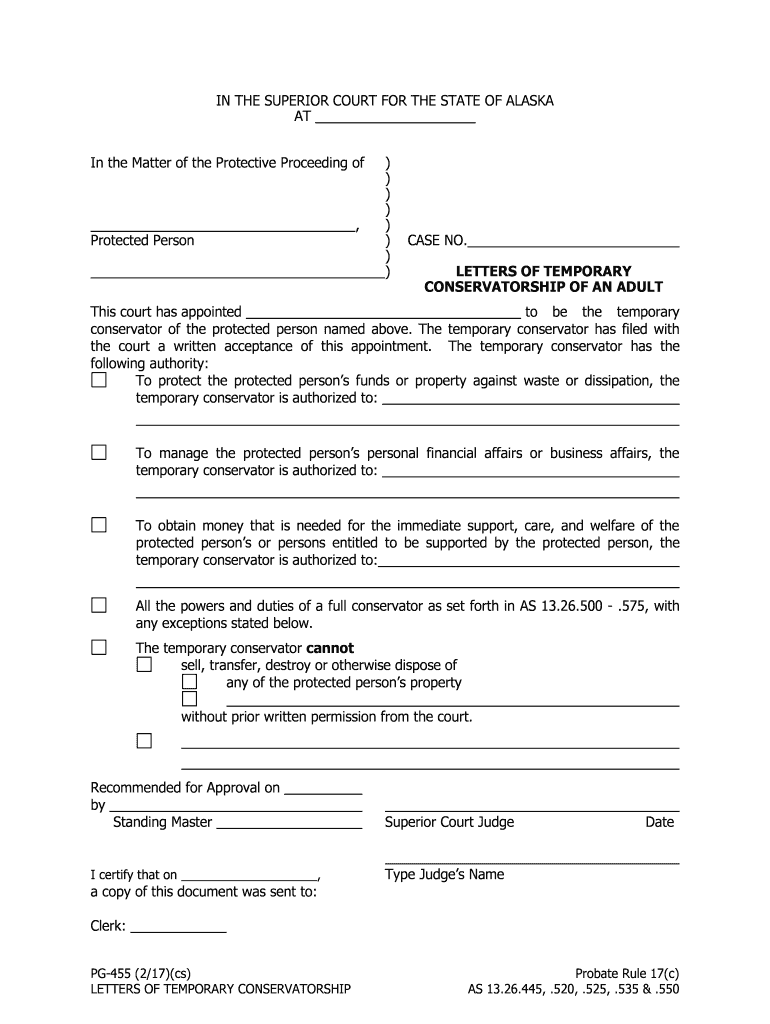 PG 455 Letters of Temporary Conservatorship of Adult  Form
