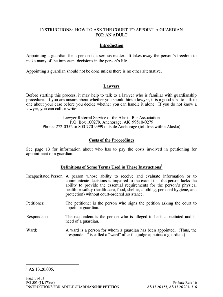 PG 505 Instructions for Adult Guardianship Petition Probate and Guardianship  Form