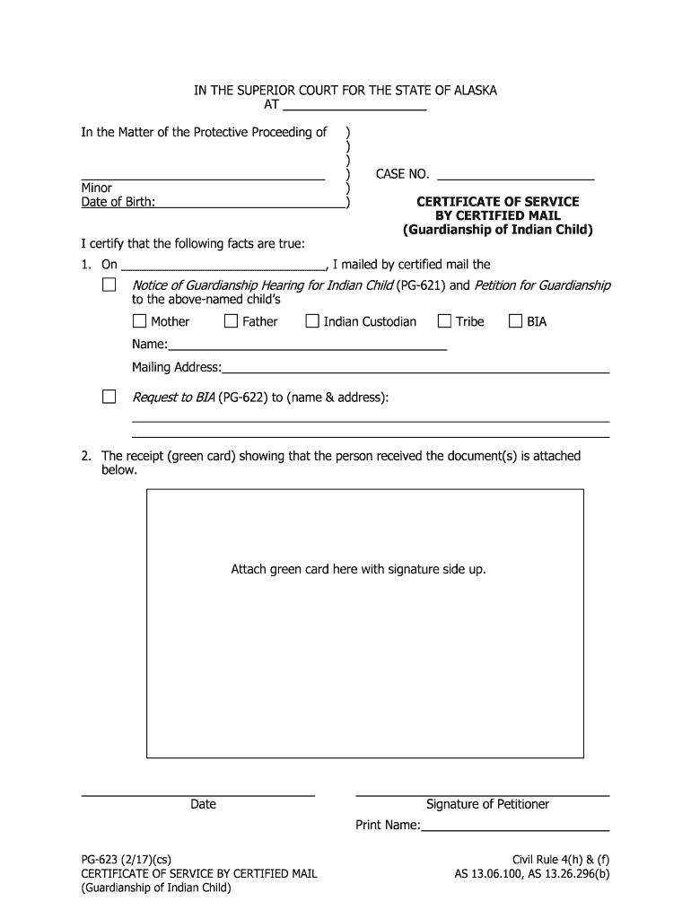 PG 623 Certificate of Service by Certified Mail Guardianship of Indian Child  Form