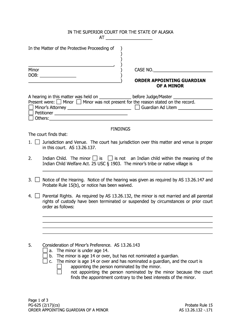 PG 625 Order Appointing Guardian of a Minor State of Alaska  Form