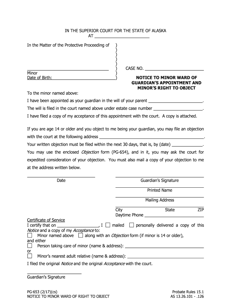 PG 653 Notice to Minor Ward of Guardians's Appointment and Minor's Right to Object  Form