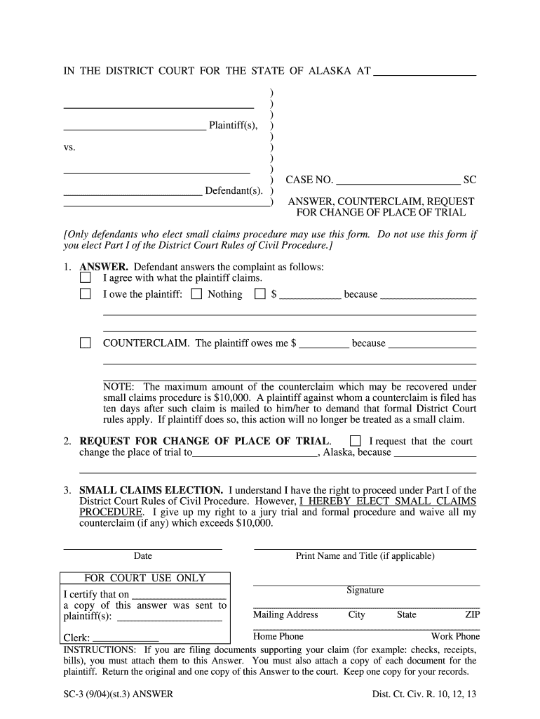 Fillable Online Answer, Counterclaim, Request for Change of Place  Form