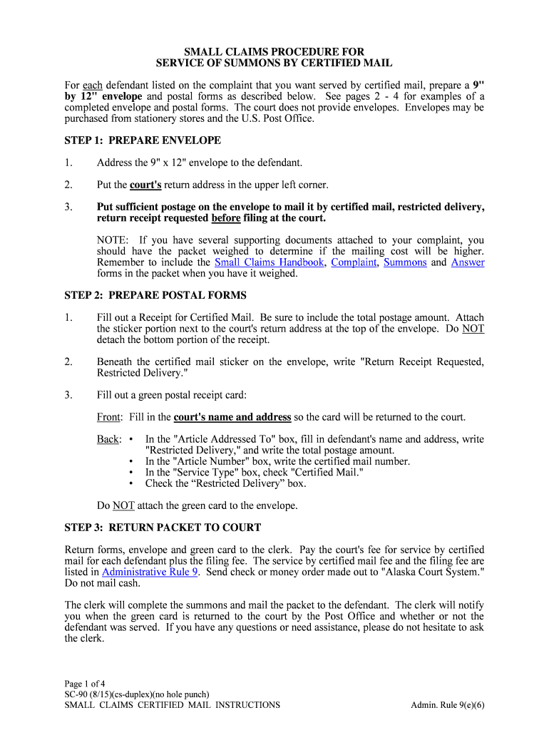 SC 90 Small Claims Certified Mail Instruction 8 15  Form