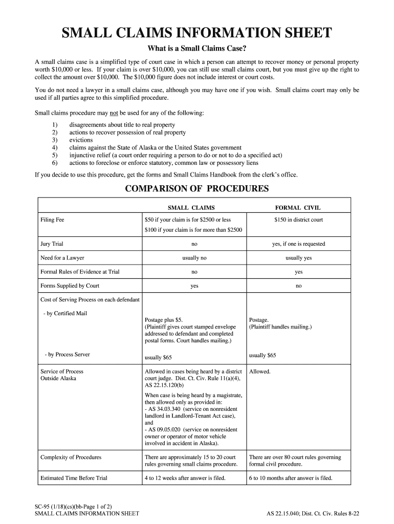 SC 95 Small Claims Information Sheet State of Alaska