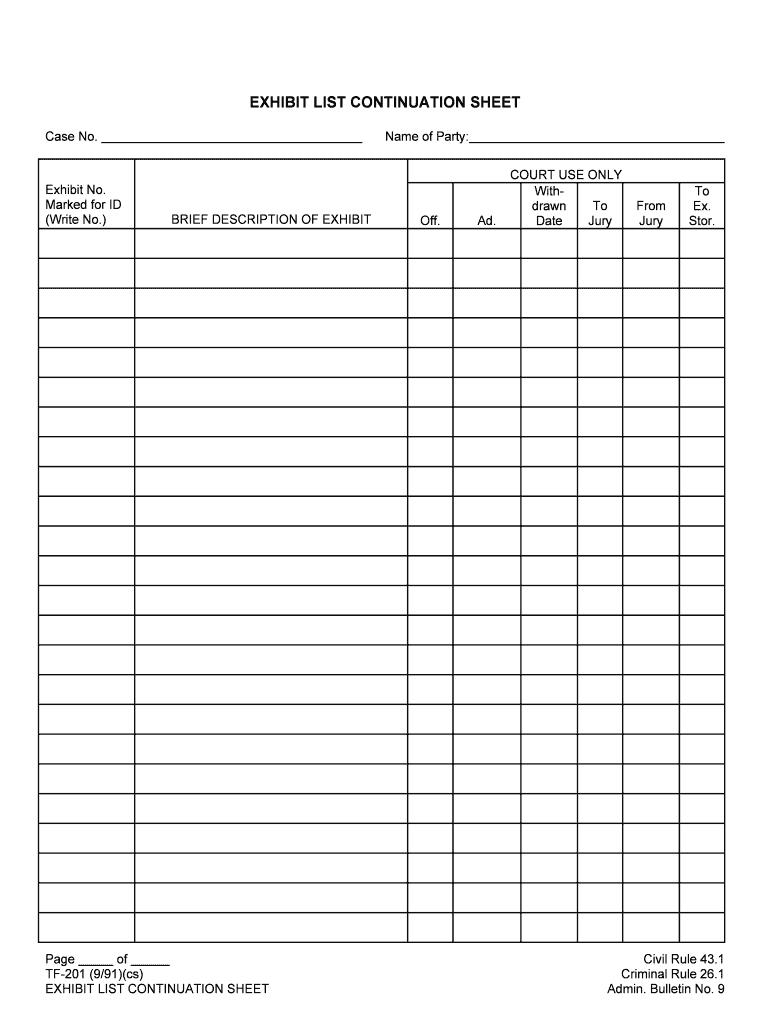 Form Tf 201 &amp;quot;Exhibit List Continuation Sheet&amp;quot; Alaska