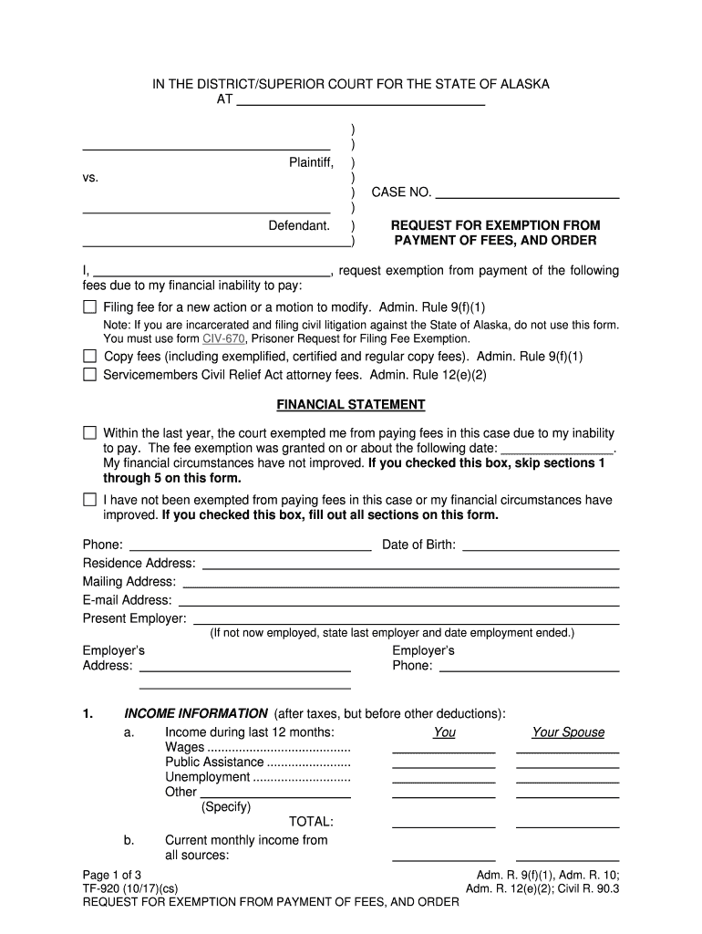 Fees Due to My Financial Inability to Pay  Form