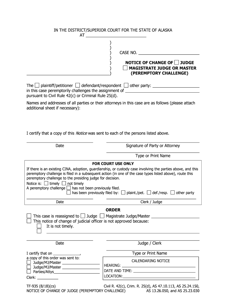 TF 935 Notice of Change of Judge State of Alaska  Form