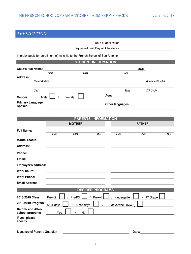 The FRENCH SCHOOL of SAN ANTONIOADMISSIONS PACKET ADMISSIONS PACKT  Form