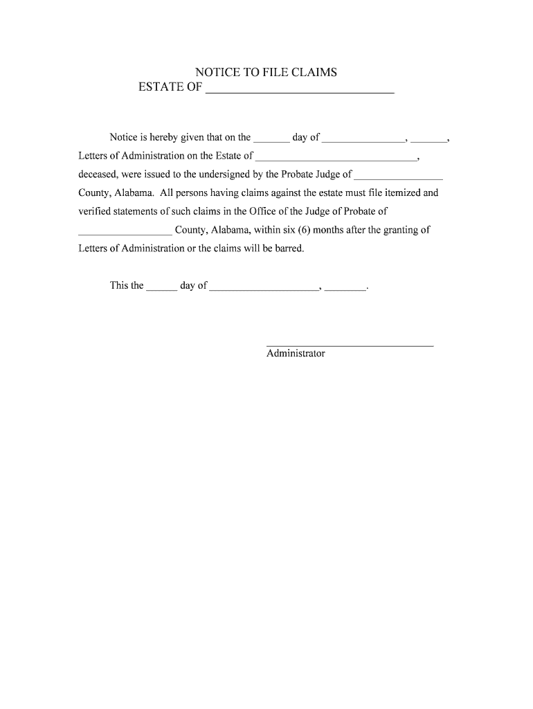NOTICE to FILE CLAIMS  Form
