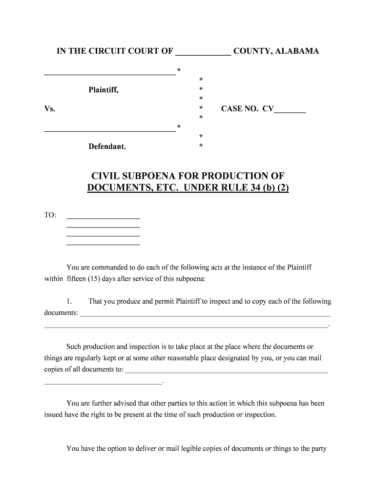 Case Number SUBPOENA REQUEST FORM E Forms Alabama