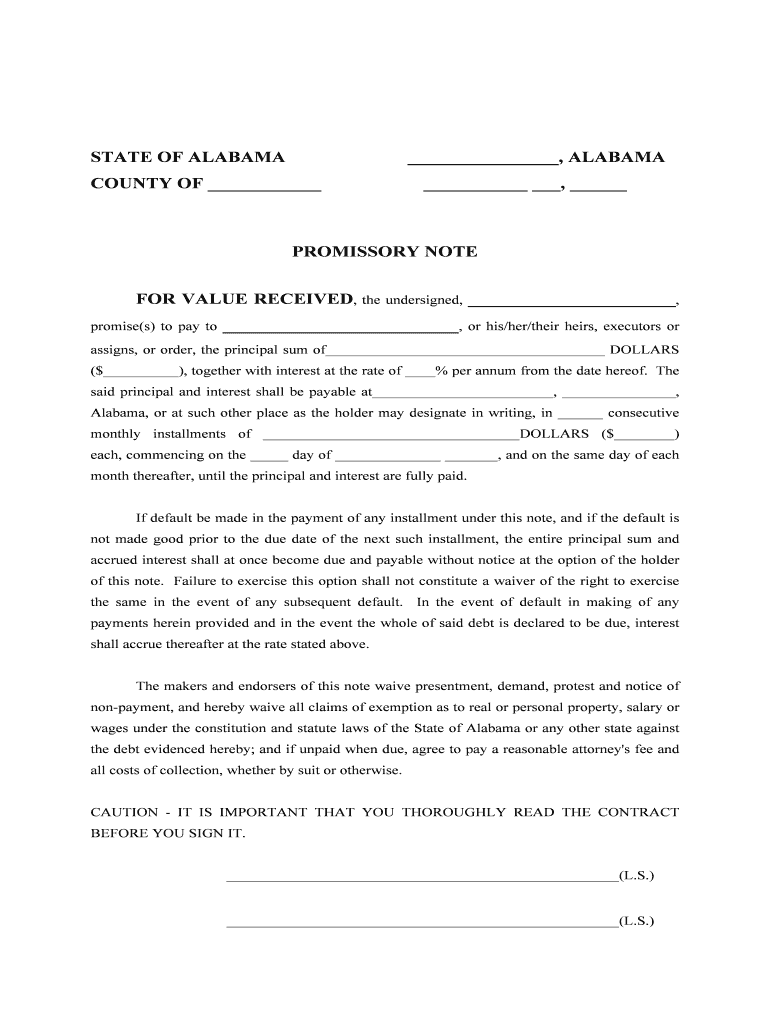 Alabama Unsecured Promissory Note Template WordPDF  Form