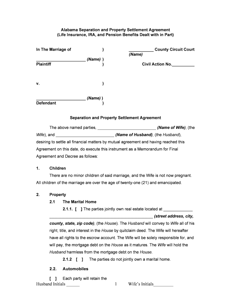 Alabama Legal Separation and Property Settlement Agreement  Form