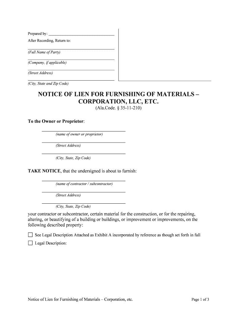 NOTICE of LIEN for FURNISHING of MATERIALS  Form
