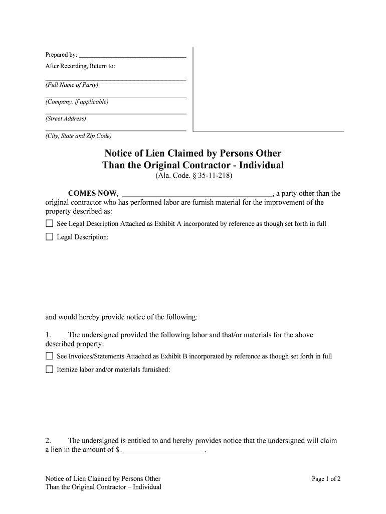 Notice of Lien Claimed by Persons Other  Form