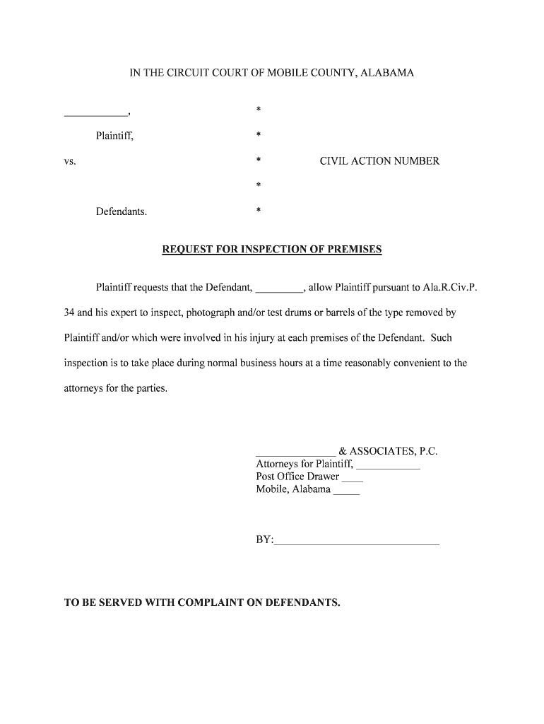 Plaintiff Requests that the Defendant, , Allow Plaintiff Pursuant to Ala  Form