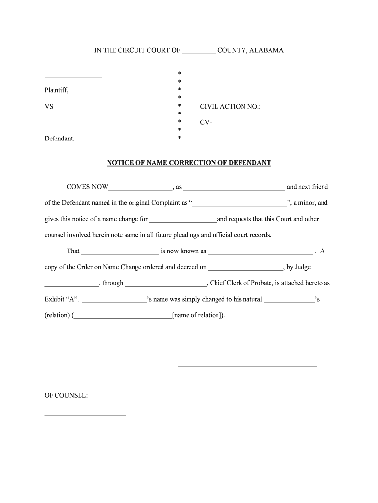NOTICE of NAME CORRECTION of DEFENDANT  Form