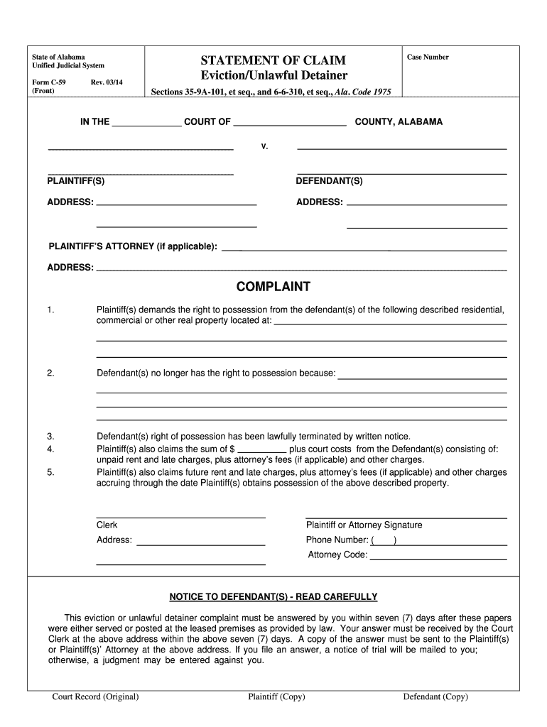 Statement of Claim Eviction, Unlawful Detainer  Form