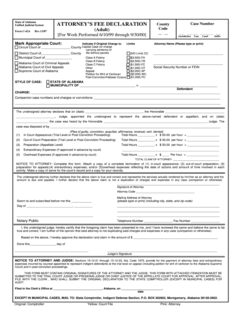 ATTORNEY'S FEE DECLARATION Alabama Administrative  Form