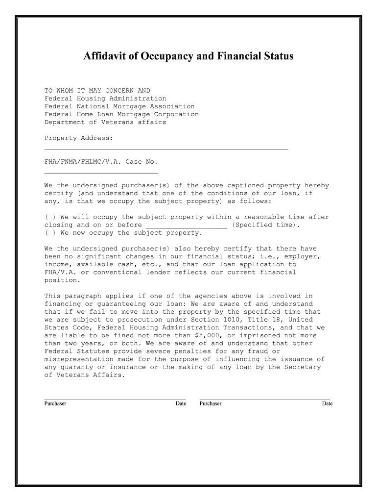 Affidavit of Occupancy and Financial Status  Form