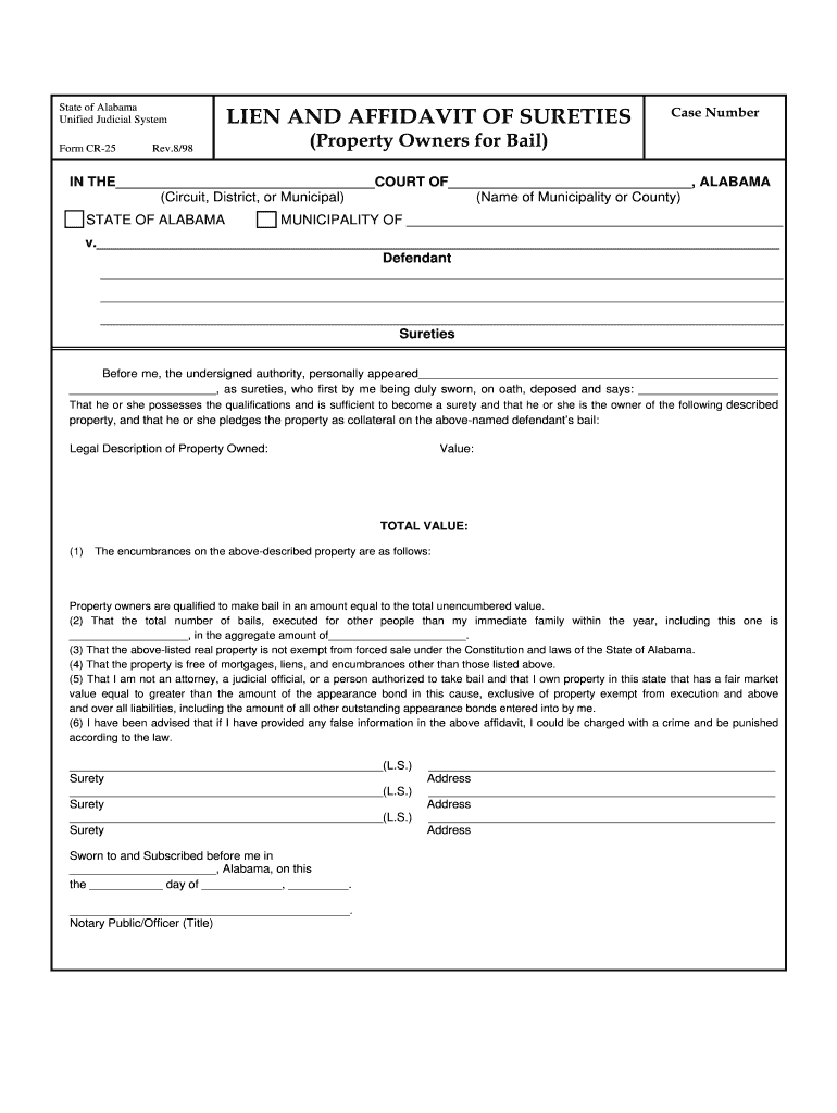Lien and Affidavit of Sureties Property Owners for Bail  Form