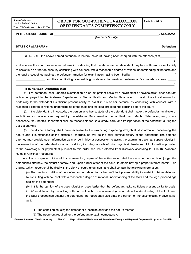 Order for Out Patient Evaluation of Defendant's Forms