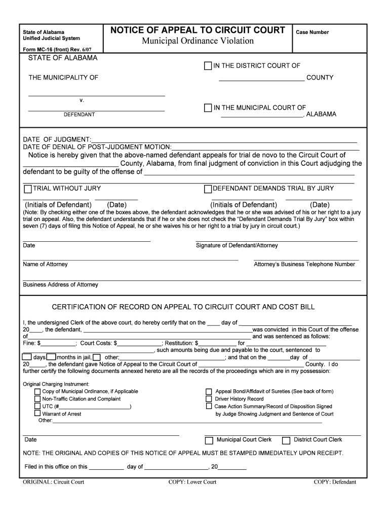 Notice of Appeal to Circuit Court Municipal Ordinance Violation  Form