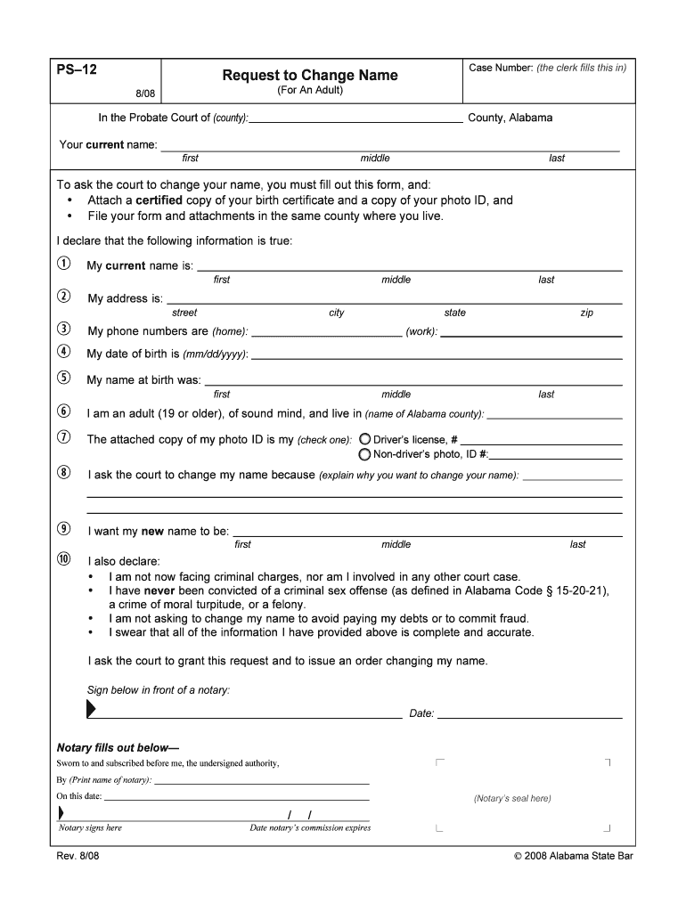 Fillable Online Alabama Request to Change Name Form PS 12