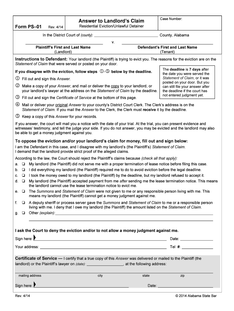 Form Ps 01 Answer to Lanlord Claim in Alabama Fill