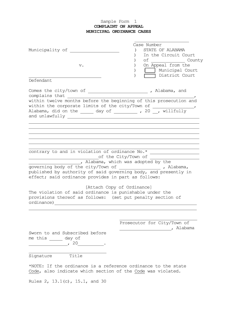 Sample Form 1 COMPLAINT on APPEAL MUNICIPAL ORDINANCE CASES