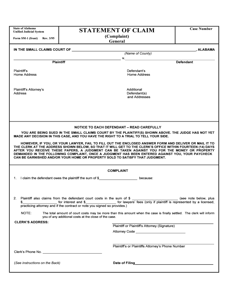 State of Alabama STATEMENT of CLAIM Unified Judicial System  Form