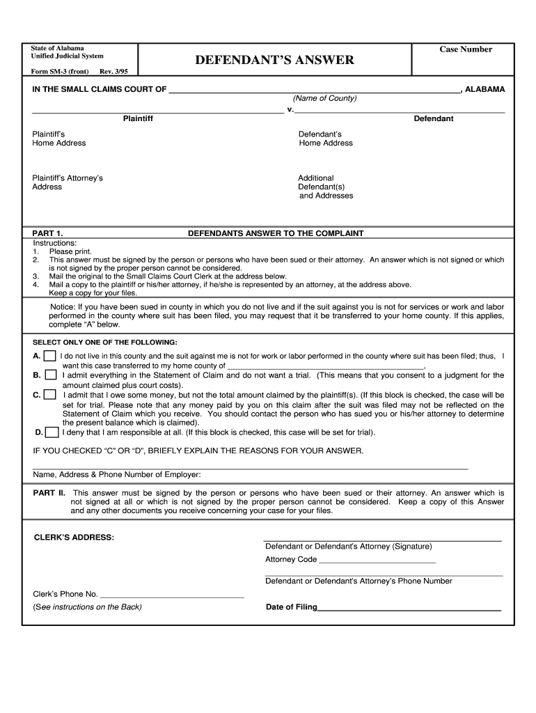 State of Alabama Unified Judicial System STATEMENT of CLAIM  Form