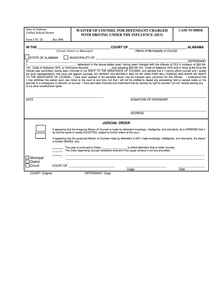 State of Alabama WAIVER of COUNSEL for DEFENDANT CHARGED  Form
