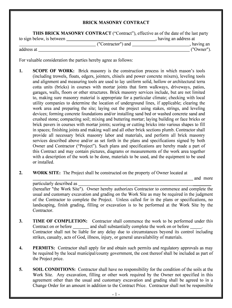 THIS BRICK MASONRY CONTRACT Contract, Effective as of the Date of the Last Party  Form